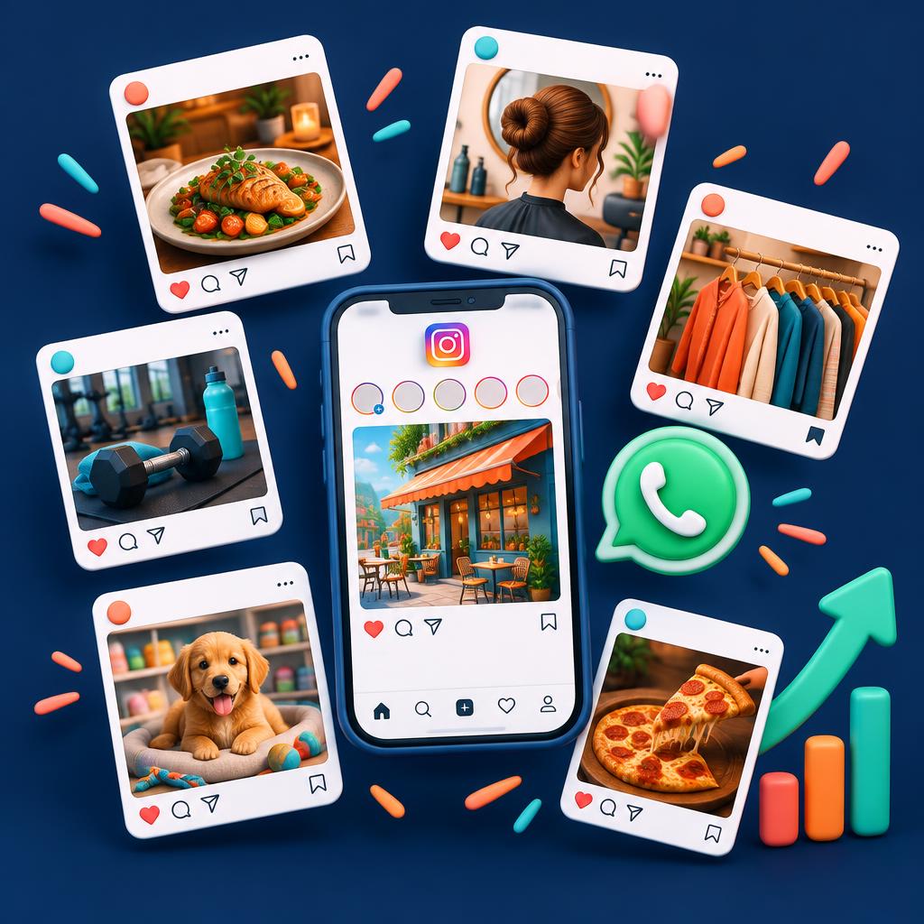 Celular mostrando posts do Instagram de vários negócios locais, com mensagens no WhatsApp e gráfico de crescimento